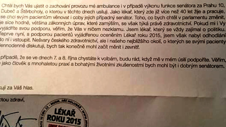 Kandidát do Senátu zneužil osobní údaje svých pacientů pro politickou agitaci